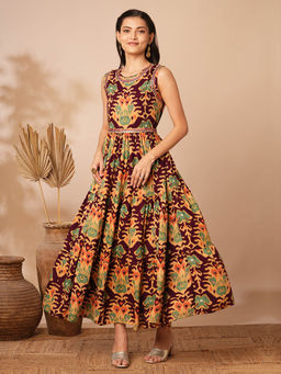 FASHOR - Yellow Bold Ikat Printed and Embroidered Tiered Fit and Flare Dress with Belt