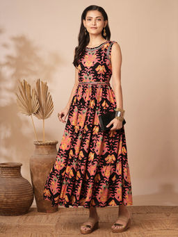 FASHOR - Pink Bold Ikat Printed and Embroidered Tiered Fit and Flare Dress with Belt