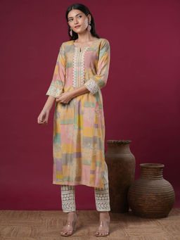 FASHOR - Floral Printed and Embroidered Straight Fit Kurta
