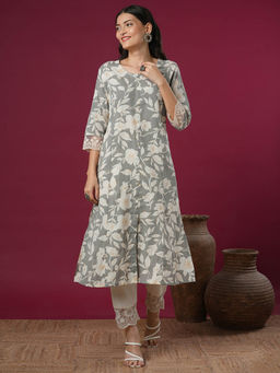 FASHOR - Grey Floral Printed A-Line Panelled Kurta