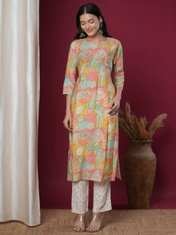 FASHOR - Floral Printed and Embroidered Straight Fit Kurta