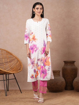 FASHOR - White Floral Printed Straight Fit Kurta