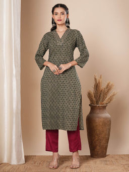 FASHOR - Green Floral Printed Straight Fit Kurta