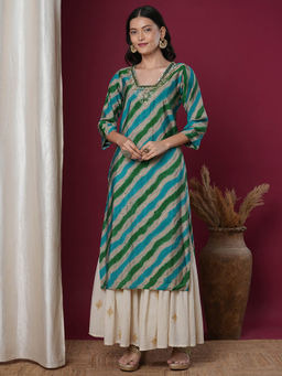 FASHOR - Leheriya Foil Printed and Hand Embroidered Straight Fit Kurta