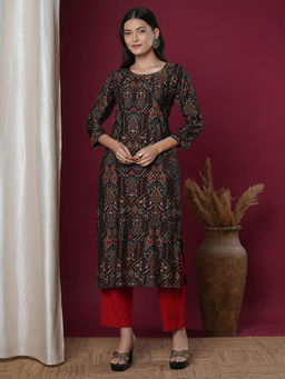 FASHOR - Black Printed and Embroidered Straight Fit Kurta