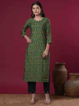 FASHOR - Green Floral Foil Printed and Embroidered Straight Fit Kurta