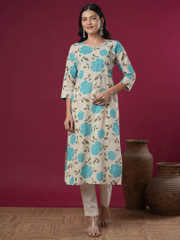 FASHOR - Off White Floral Printed Straight Fit Cotton Flax Kurta
