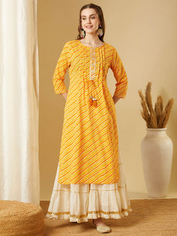 FASHOR - Yellow Leheriya Printed Straight Fit Kurta