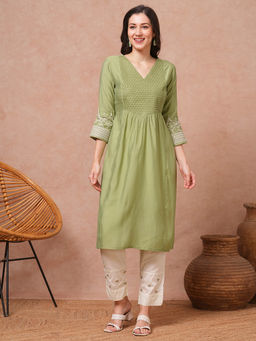 FASHOR - Green Solid Sequin Floral Embroidered A-Line Pleated Kurta