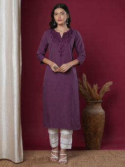 FASHOR - Purple Solid Floral Embroidered Straight Fit Kurta