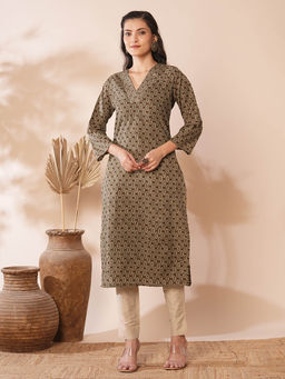 FASHOR - Brown Floral Printed Straight Fit Kurta