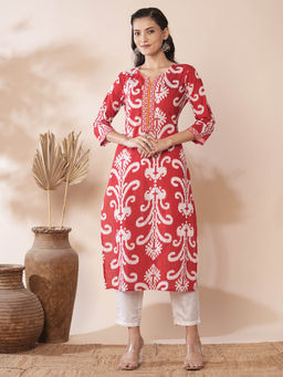 FASHOR - Red Floral Printed Straight Fit Kurta