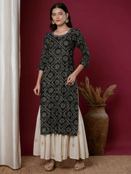 FASHOR - Black Bandhani Printed Straight Fit Kurta