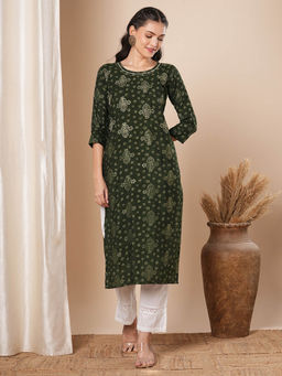 FASHOR - Green Floral Foil Printed Straight Fit Kurta