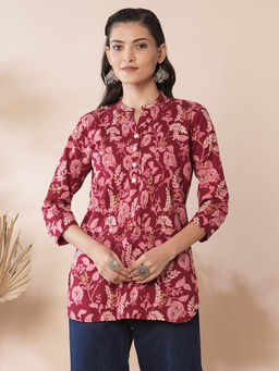 FASHOR - Red Floral Foil Printed A-Line Pleated Short Kurti