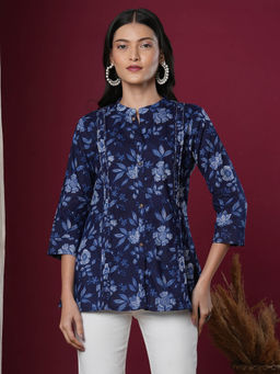 FASHOR - Navy Blue Floral and Printed Straight Fit Kurti
