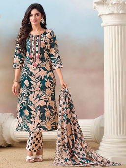 MOJILAA - Women's Floral Printed Straight Kurta with Pant and Dupatta (Set of 3)