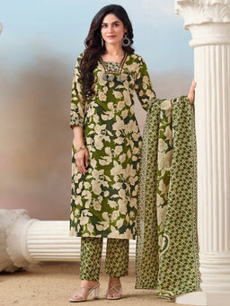 MOJILAA - Women's Green Floral Printed Straight Kurta with Pant and Dupatta (Set of 3)