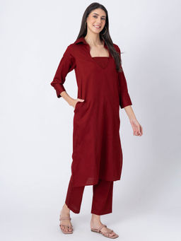 Moomaya - Maroon Stylish Indo-Western Kurta with Crop Top and Pant (Set of 3)
