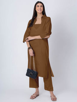 Moomaya - Brown Stylish Indo-Western Kurta with Crop Top and Pant (Set of 3)