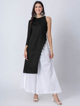 Moomaya - Black One Shoulder Kurta with Side Slit Palazzo (Set of 2)