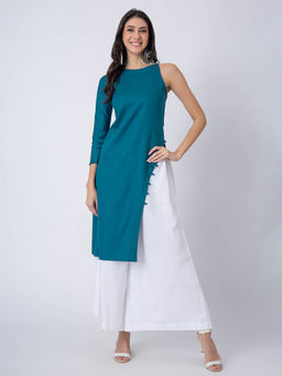 Moomaya - Blue One Shoulder Kurta with Side Slit Palazzo (Set of 2)