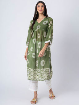 Moomaya - Green Print Sheer Kurta and Pant (Set of 2)
