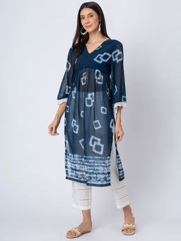 Moomaya - Blue Print Sheer Kurta and Pant (Set of 2)