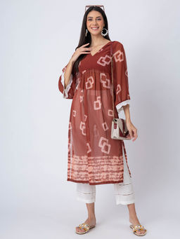Moomaya - Maroon Print Sheer Kurta and Pant (Set of 2)