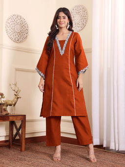Varanga - Rust Embroidered Kurta with Pant (Set of 2)