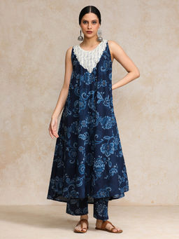 Varanga - Floral Printed Mirror and Thread Embroidered Yoke Anarkali Kurta with Pant (Set of 2)