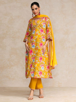 Varanga - Mustard Floral Printed Boho Look Kurta with Pant and Dupatta (Set of 3)