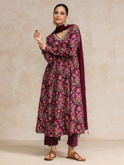 Varanga - Purple Printed Anarkali Kurta with Pant and Dupatta (Set of 3)