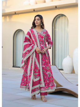 Varanga - Pink Jaipuri Floral Printed Angrakha Kurta with Pant and Dupatta (Set of 3)