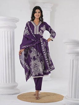 Varanga - Purple Floral Printed Thread Embroidered Kurta with Pant and Dupatta (Set of 3)