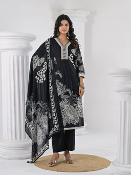 Varanga - Black Floral Printed Thread Embroidered Kurta with Pant and Dupatta (Set of 3)