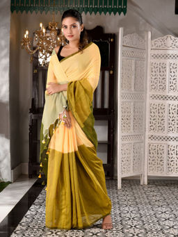 CHARUKRITI - Cream Cotton Handwoven Saree With Pompom with Unstitched Blouse Piece