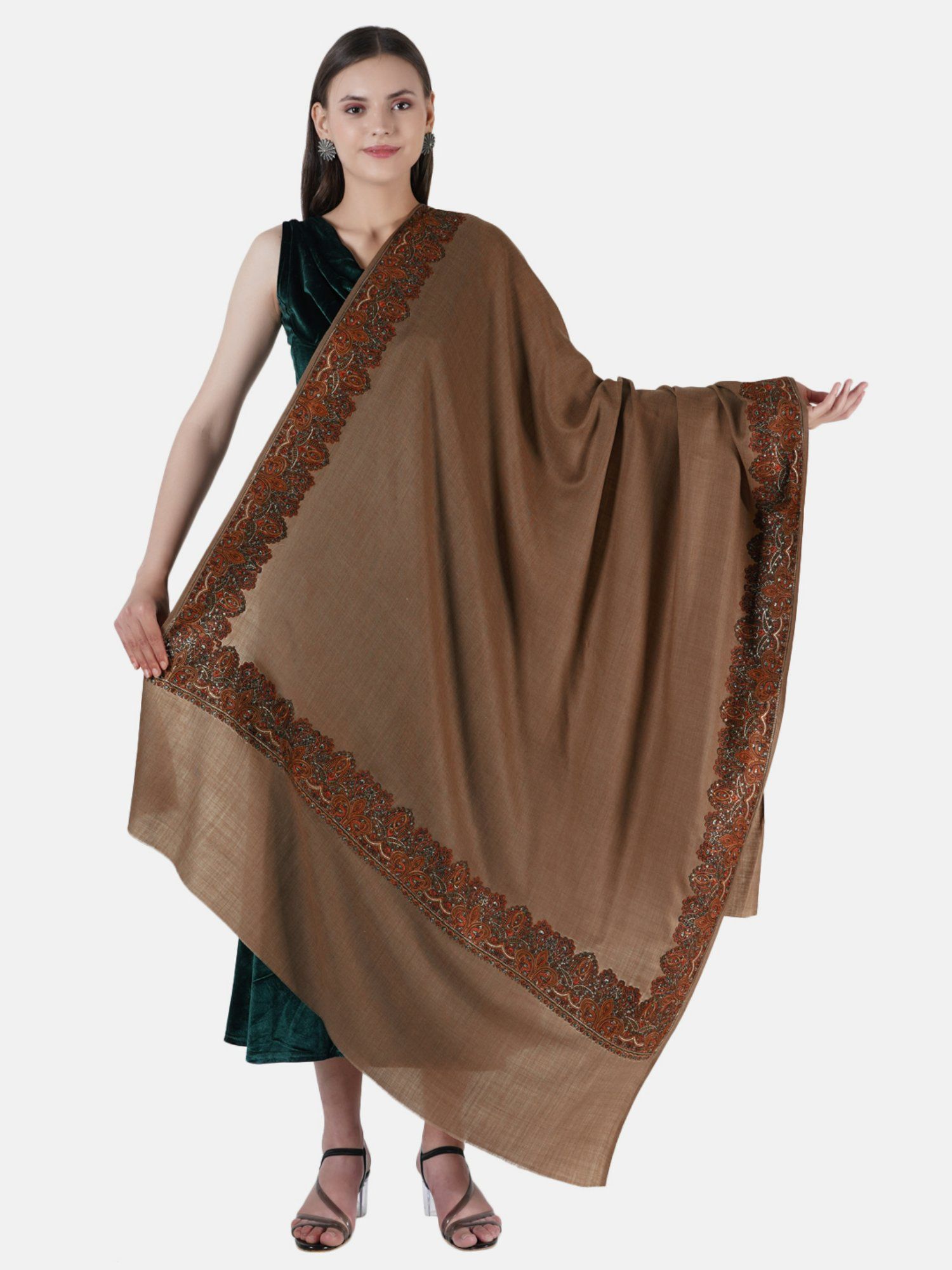 Buy MUFFLY Silky Pashmina Fine Wool Nalki Border Embroidered