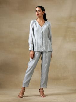 trueBrowns - Grey Bandhani Printed Silk Front Open Short Co-ord (Set of 2)