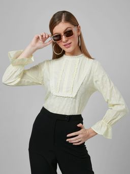 Style Quotient - Women Self Design Floral Pale Yellow Cotton Regular Smart Casual Top