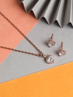 CLARA - 925 Silver Rose Gold Rhodium Plated Heart Solitaire Pendant Earrings Chain Set