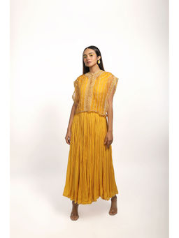 House of Kosh - Yellow V-Neck Embroidered Anarkali Kurta with Organza Jacket (Set of 2)