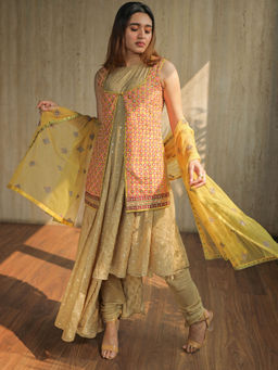 House of Kosh - Beige Flared Kurta with Churidar- Dupatta and Jacket (Set of 4)