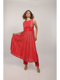 House of Kosh - Cherry Red Embroidered Anarkali Kurta and Pant (Set of 2)