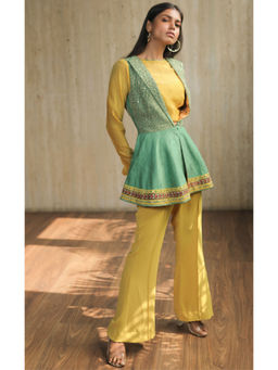 House of Kosh - Yellow Crop Top with Embroidered Jacket and Pant (Set of 3)