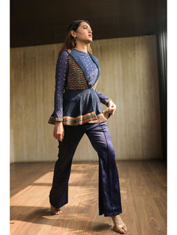 House of Kosh - Navy Blue Embroidered Crop Top with Jacket and Pant (Set of 3)