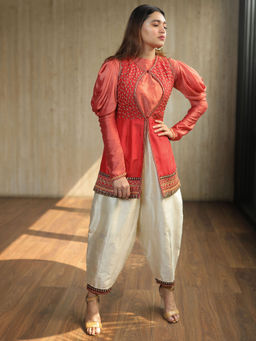 House of Kosh - Hot Pink Jacket with Full Sleeves Top and Silk Pants (Set of 3)