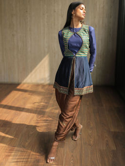 House of Kosh - Navy Blue Jacket with Full Sleeves Top and Silk Pants (Set of 3)