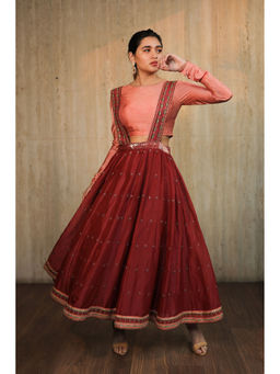 House of Kosh - Maroon Embroidered Suspender Skirt with Churidar and Crop Top (Set of 3)