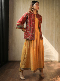 House of Kosh - Yellow Flared Kurta with Embroidered Jacket and Churidar (Set of 3)